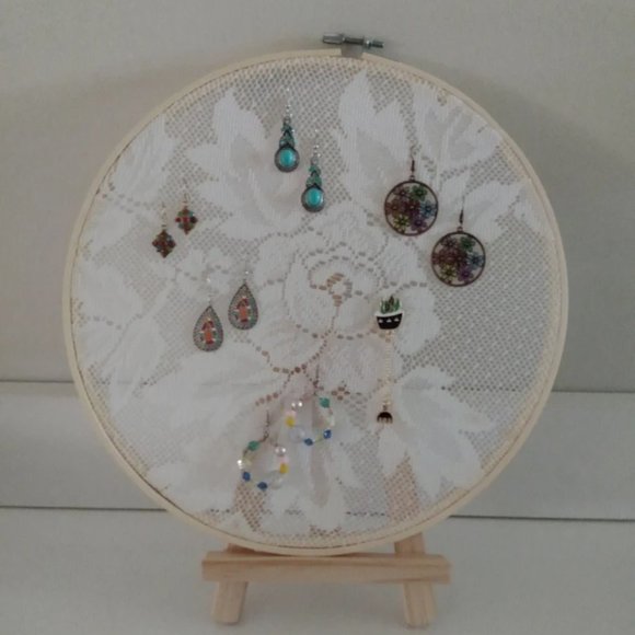 Boho Earring Holder Embroidery Hoop Earring Organizer Vintage Lace Jewelry Rack - Picture 8 of 10
